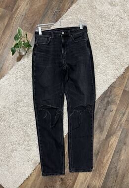 American Eagle 2 Regular Black Strigid Distressed Whiskered High-Rise Mom Jeans